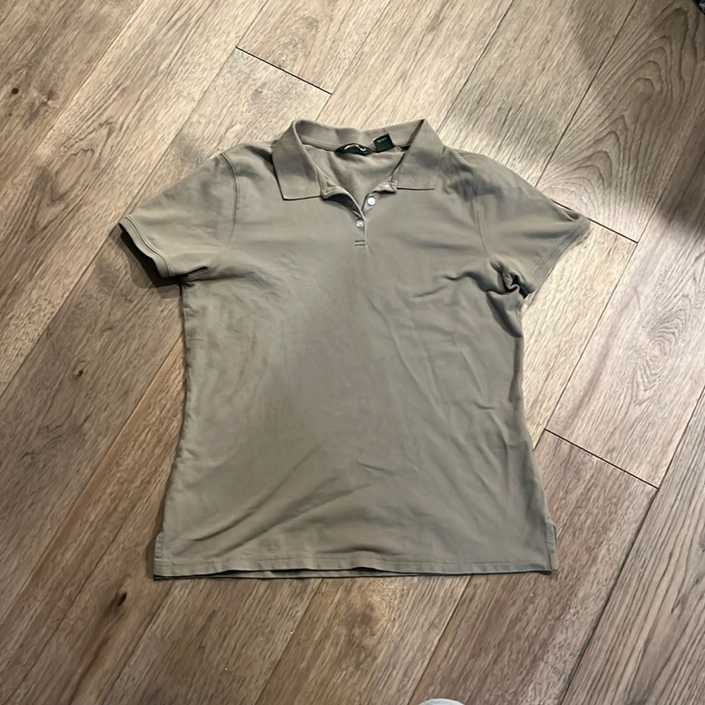 EDDIE BAUER | tan short sleeve slim fit polo, size large